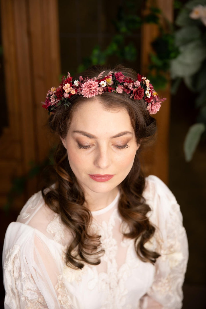 Burgundy Pink Flower Half Wreath: Boho Wedding Crown – handmade floral hair accessory by magaela