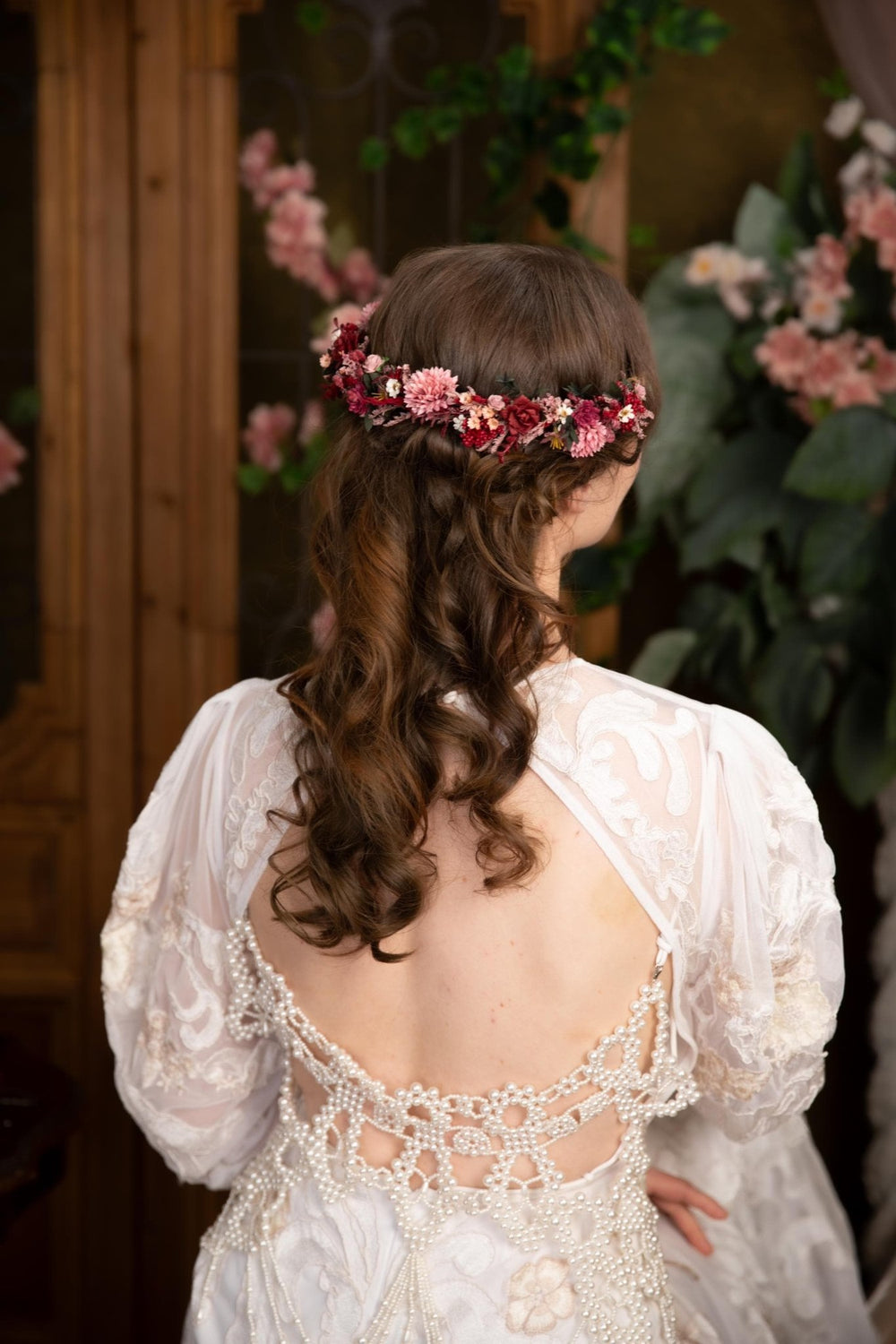 Burgundy Pink Flower Half Wreath: Boho Wedding Crown – handmade floral hair accessory by magaela