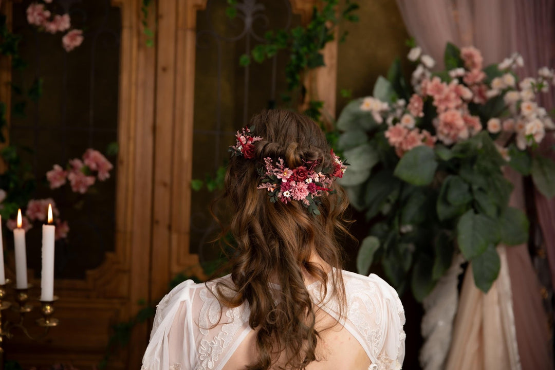 Burgundy Flower Hair Vine: Boho Wedding Bridal Hair Accessories – handmade floral hair accessory by magaela