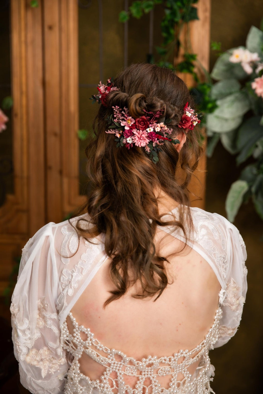 Burgundy Flower Hair Vine: Boho Wedding Bridal Hair Accessories – handmade floral hair accessory by magaela