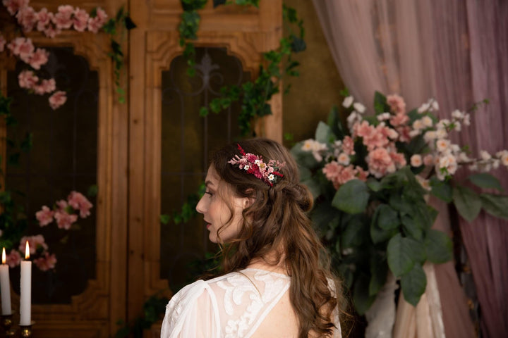 Burgundy Flower Hair Comb: Rustic Bridal Boho Wedding Accessory – handmade floral hair accessory by magaela