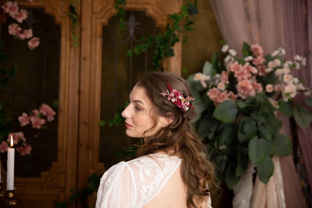 Burgundy Flower Hair Comb: Rustic Bridal Boho Wedding Accessory – handmade floral hair accessory by magaela