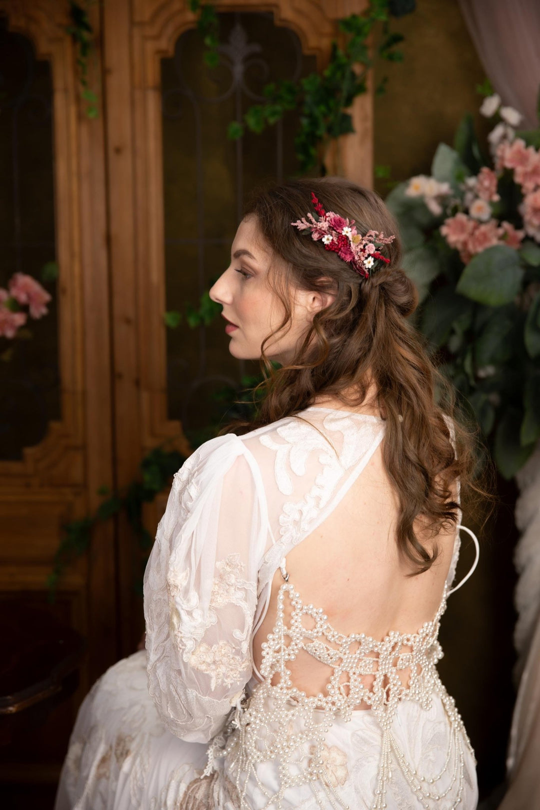 Burgundy Flower Hair Comb: Rustic Bridal Boho Wedding Accessory – handmade floral hair accessory by magaela