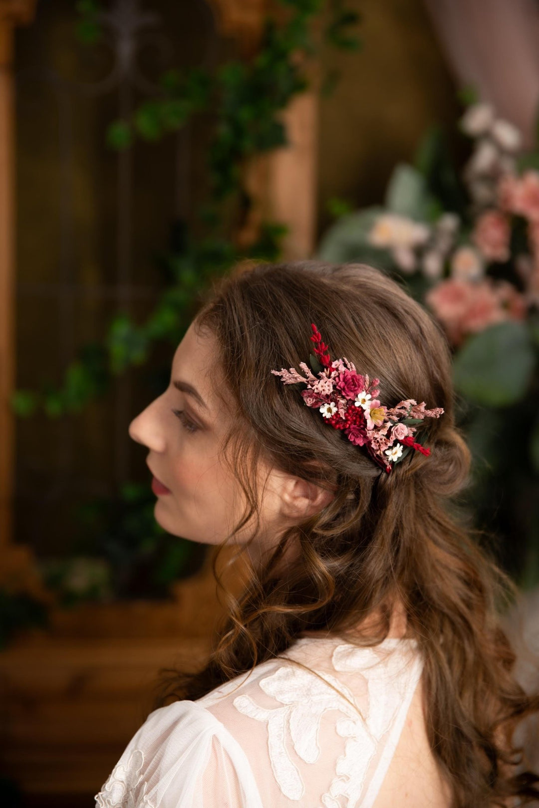 Burgundy Flower Hair Comb: Rustic Bridal Boho Wedding Accessory – handmade floral hair accessory by magaela