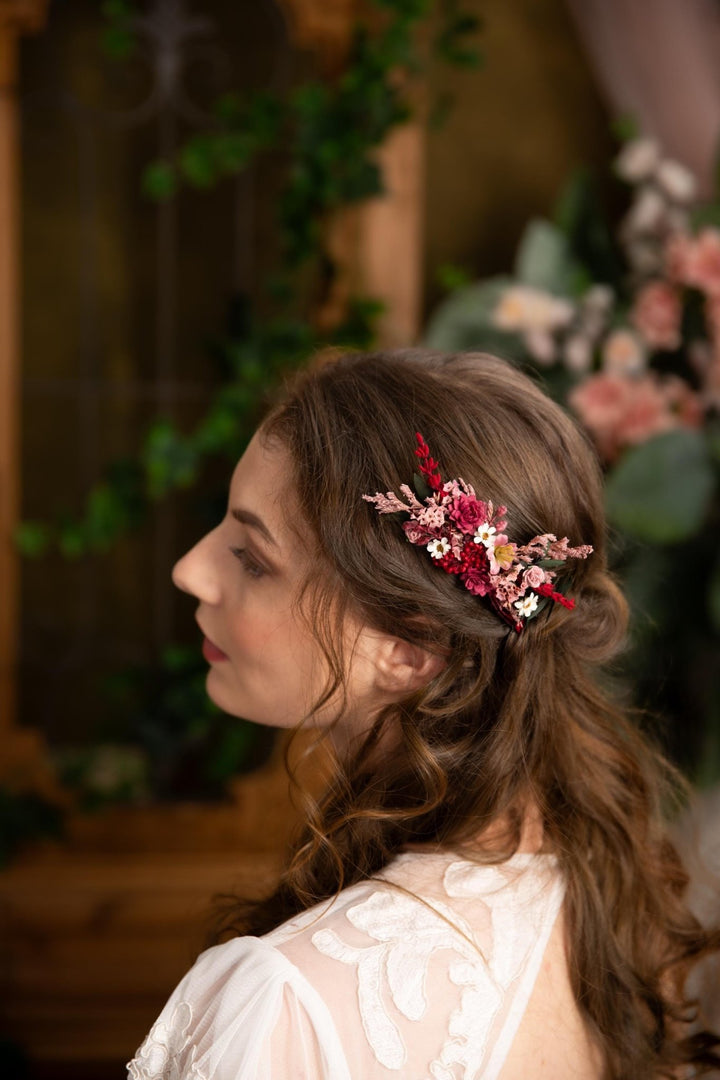Burgundy Flower Hair Comb: Rustic Bridal Boho Wedding Accessory – handmade floral hair accessory by magaela