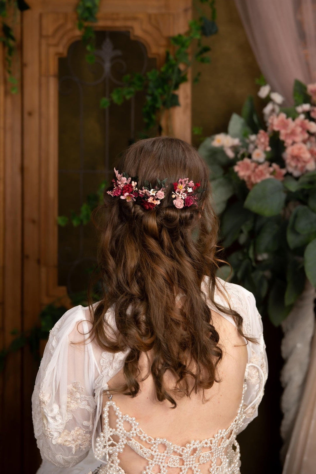 Rustic Flower Hairpins: Burgundy & Pink Bridal Bobby Pins – handmade floral hair accessory by magaela