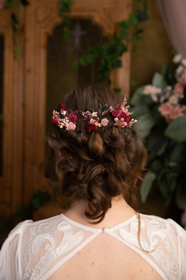 Rustic Flower Hairpins: Burgundy & Pink Bridal Bobby Pins – handmade floral hair accessory by magaela