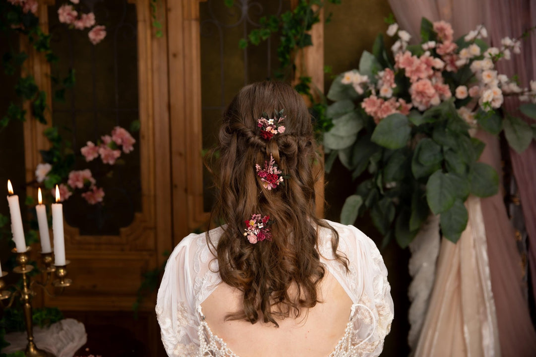 Rustic Flower Hairpins: Burgundy & Pink Bridal Bobby Pins – handmade floral hair accessory by magaela