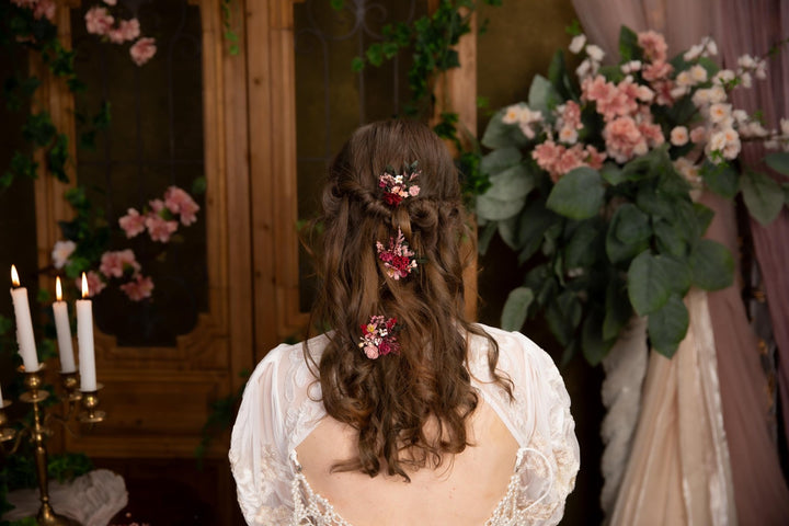 Rustic Flower Hairpins: Burgundy & Pink Bridal Bobby Pins – handmade floral hair accessory by magaela