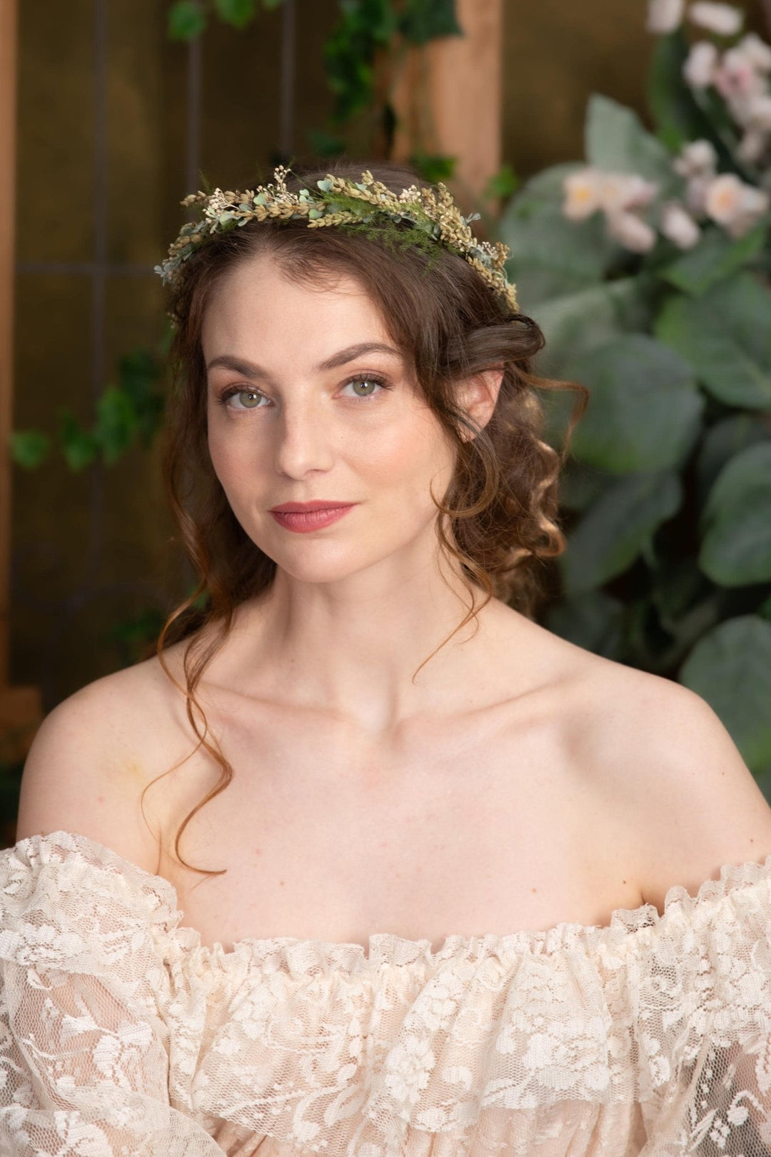Green Flower Half Crown: Preserved Lavender Wedding Headpiece – handmade floral hair accessory by magaela
