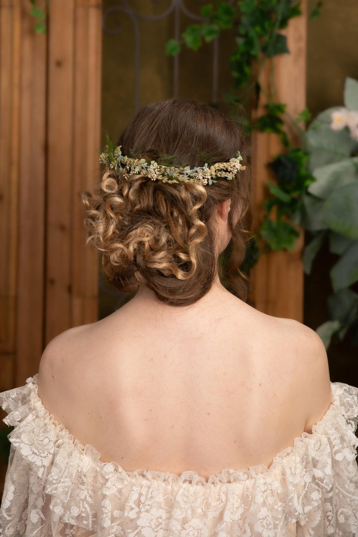 Green Flower Half Crown: Preserved Lavender Wedding Headpiece – handmade floral hair accessory by magaela