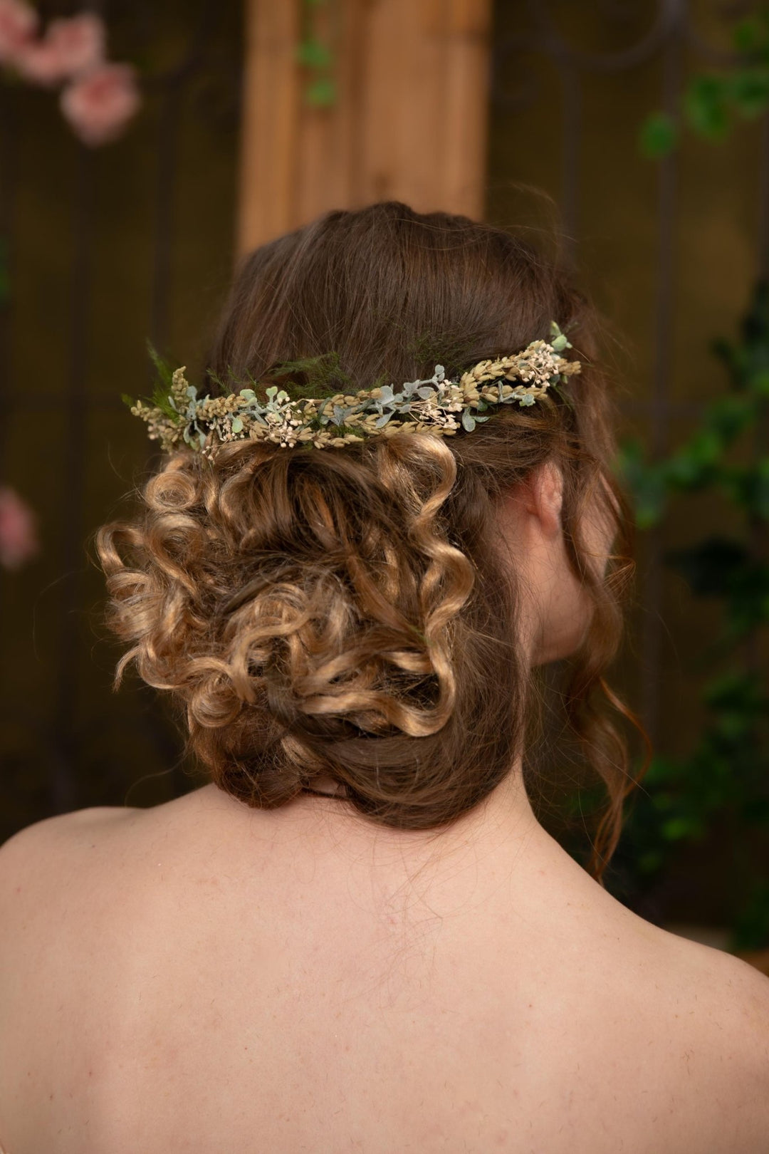 Green Flower Half Crown: Preserved Lavender Wedding Headpiece – handmade floral hair accessory by magaela