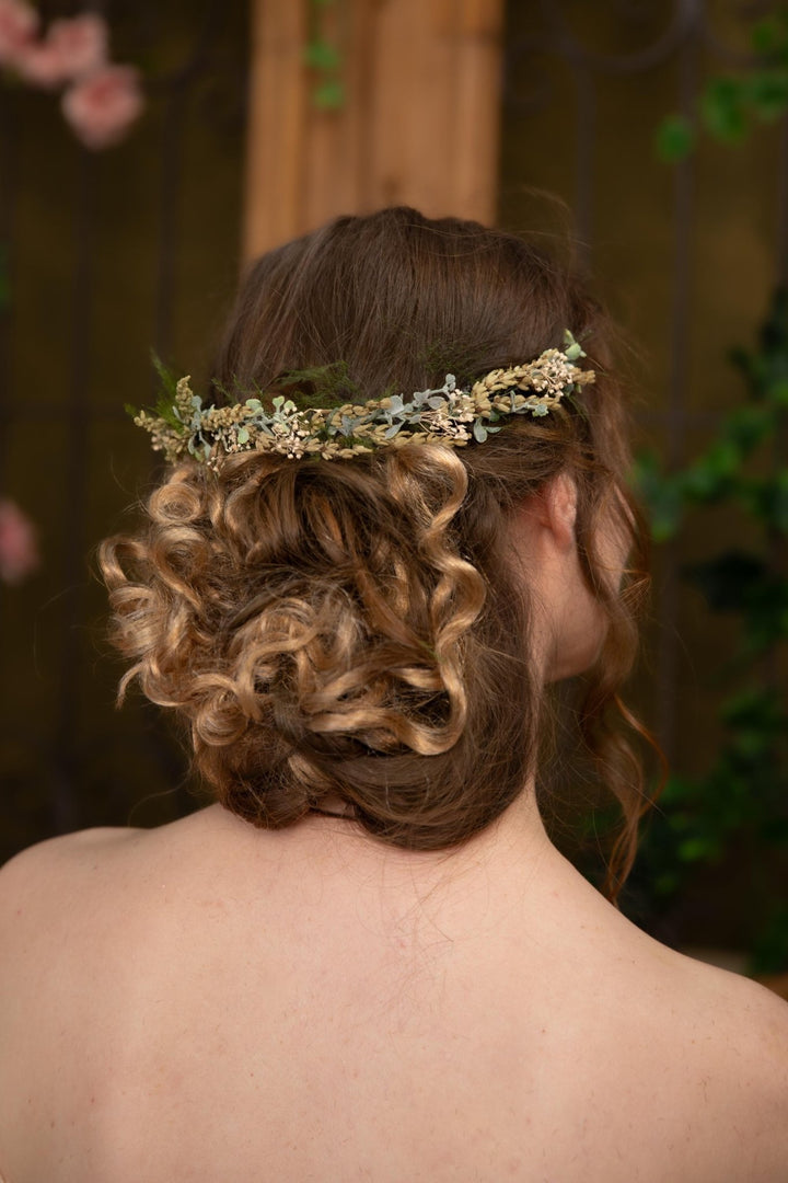 Green Flower Half Crown: Preserved Lavender Wedding Headpiece – handmade floral hair accessory by magaela