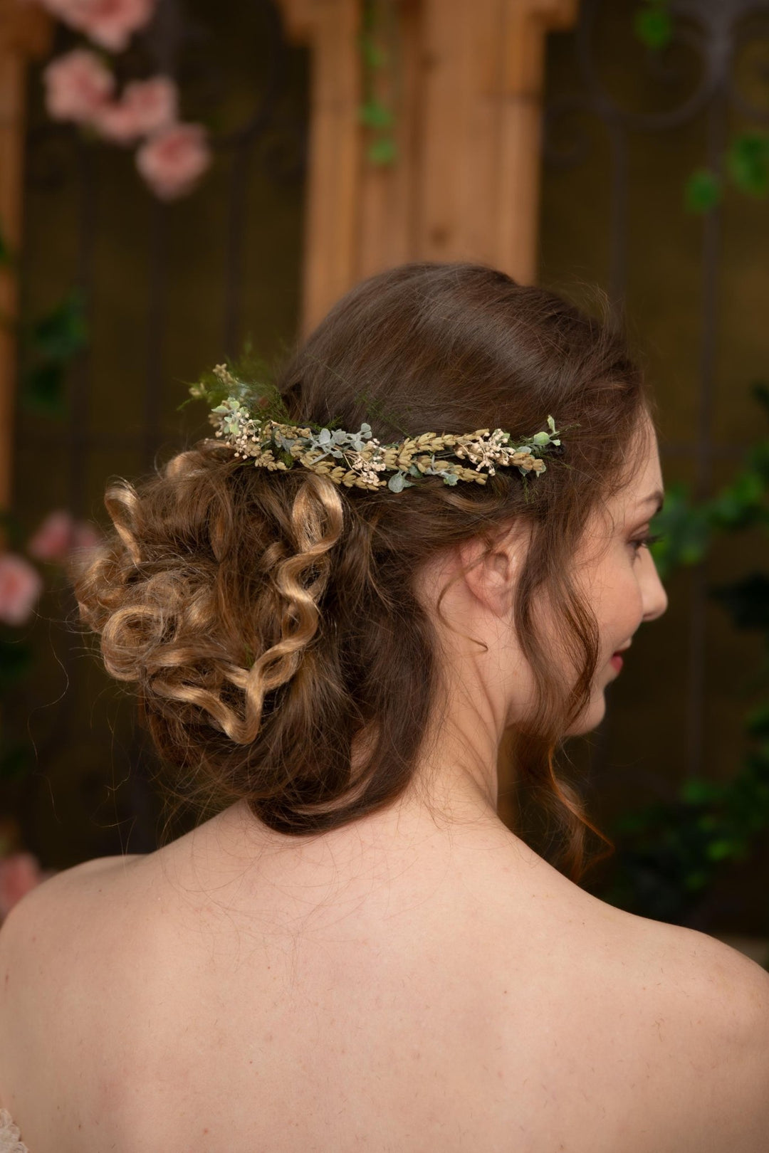 Green Flower Half Crown: Preserved Lavender Wedding Headpiece – handmade floral hair accessory by magaela