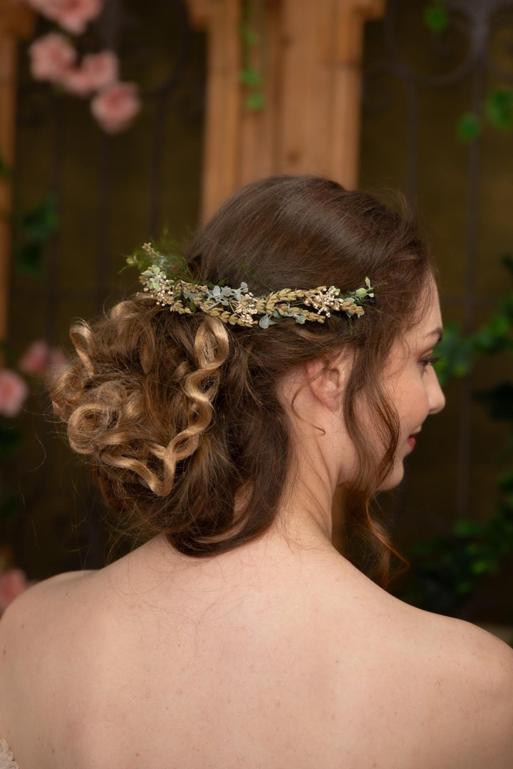 Green Flower Half Crown: Preserved Lavender Wedding Headpiece – handmade floral hair accessory by magaela