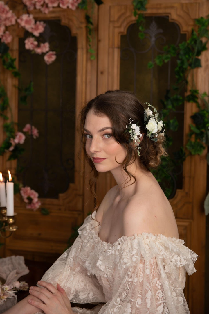 White Rose Hair Pins: Boho Bridal Hair Accessories – handmade floral hair accessory by magaela