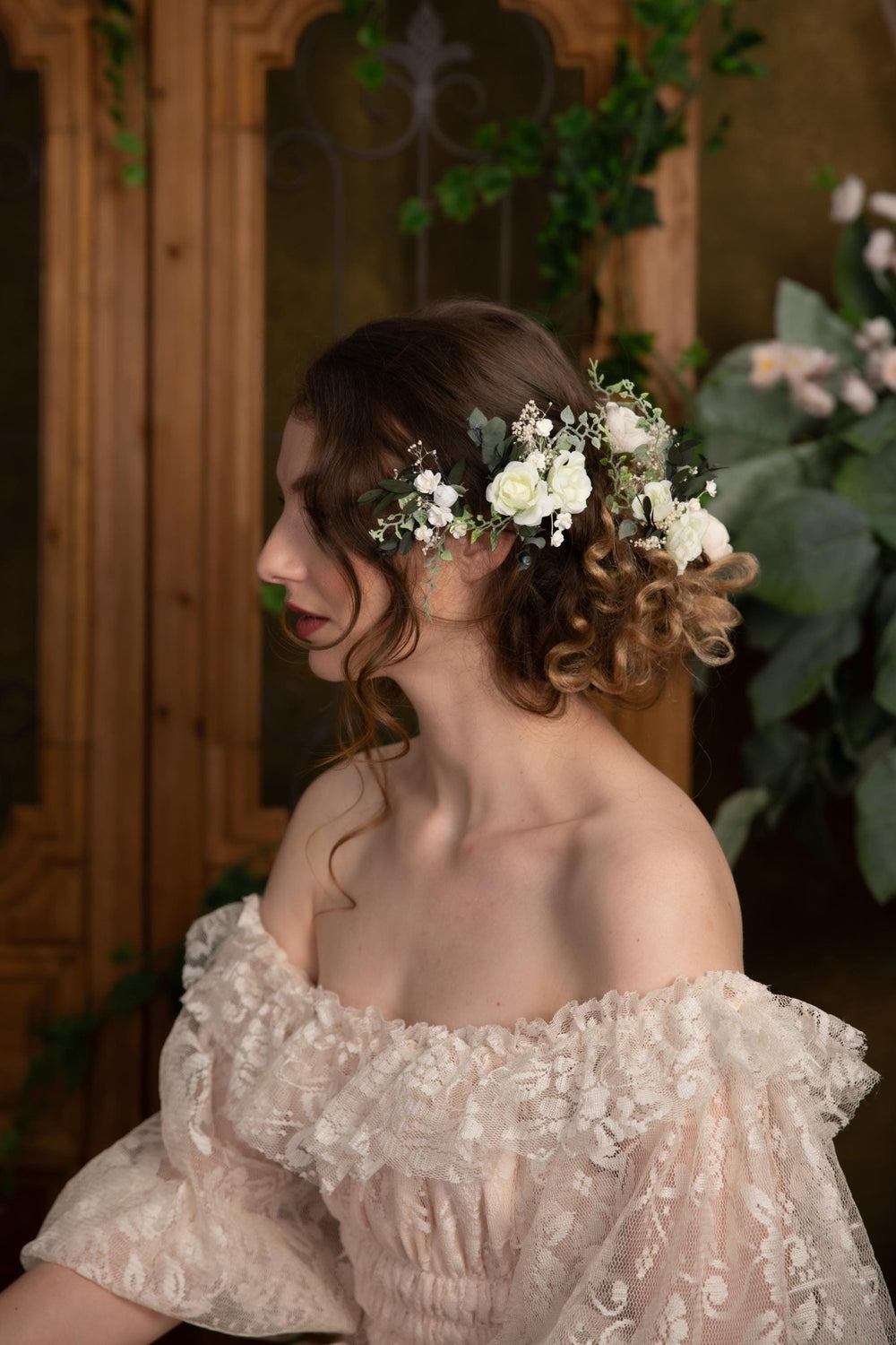 White Rose Hair Pins: Boho Bridal Hair Accessories – handmade floral hair accessory by magaela