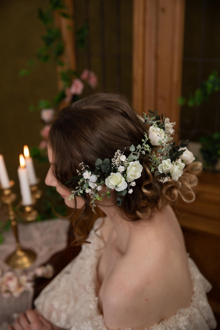 White Rose Hair Pins: Boho Bridal Hair Accessories – handmade floral hair accessory by magaela