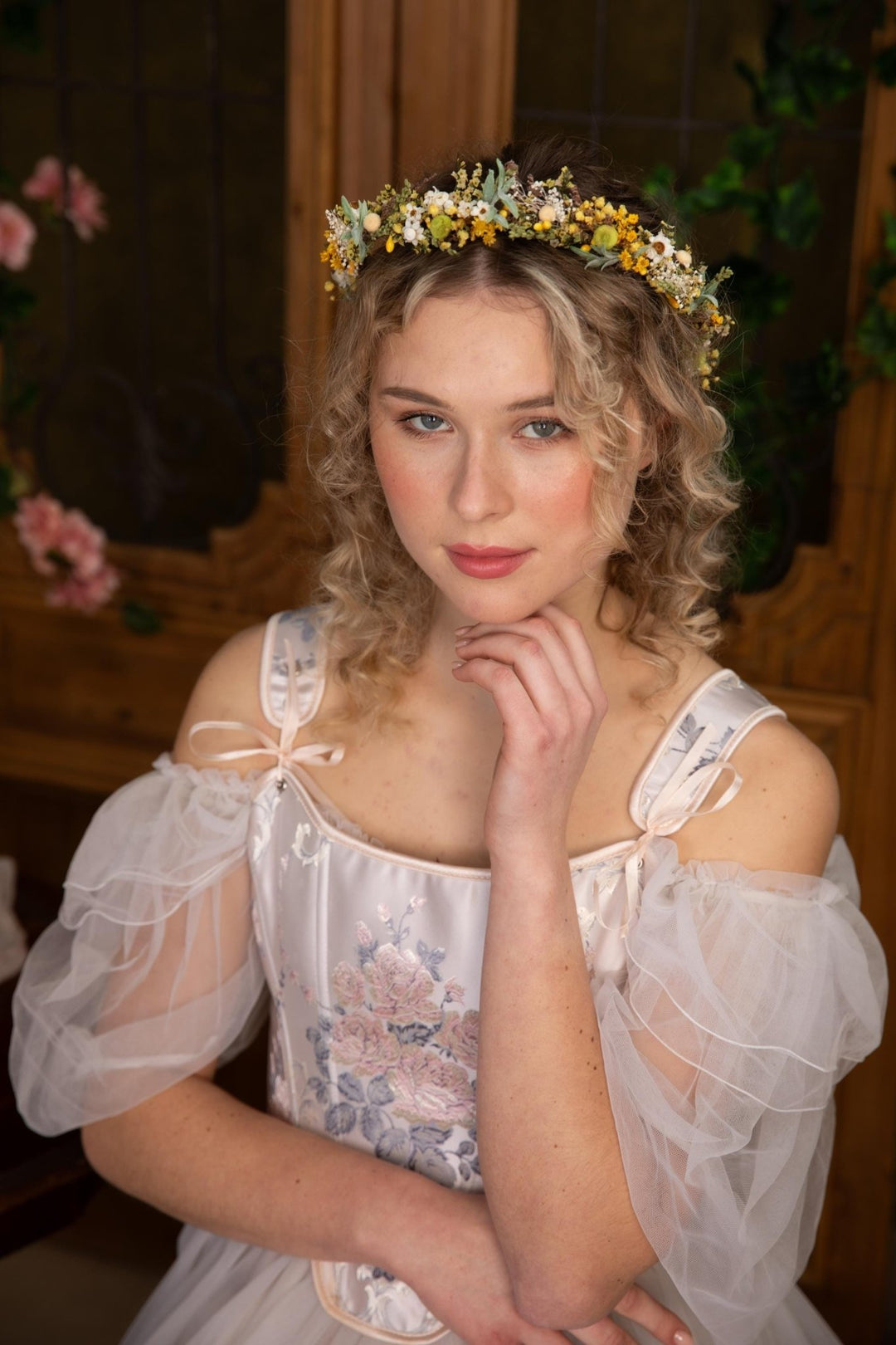 Rustic Flower Wedding Crown: Yellow Green Meadow Hair Wreath – handmade floral hair accessory by magaela