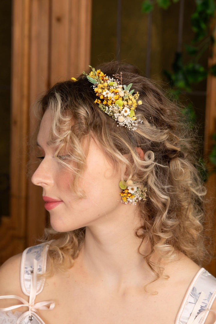 Rustic Floral Headband: Yellow & Green Wildflower Crown, Cottagecore Bride – handmade floral hair accessory by magaela