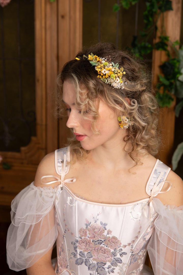 Rustic Floral Headband: Yellow & Green Wildflower Crown, Cottagecore Bride – handmade floral hair accessory by magaela