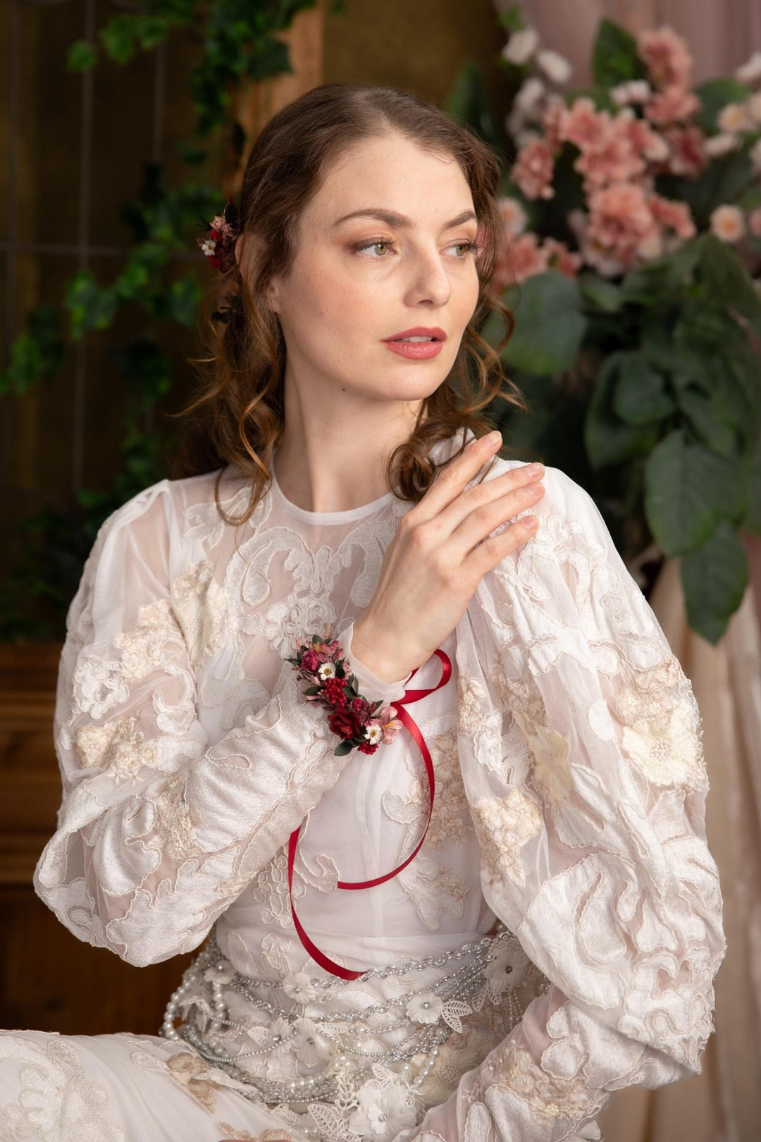 Burgundy Floral Wrist Corsage, Bridal Flower Bracelet – handmade floral hair accessory by magaela