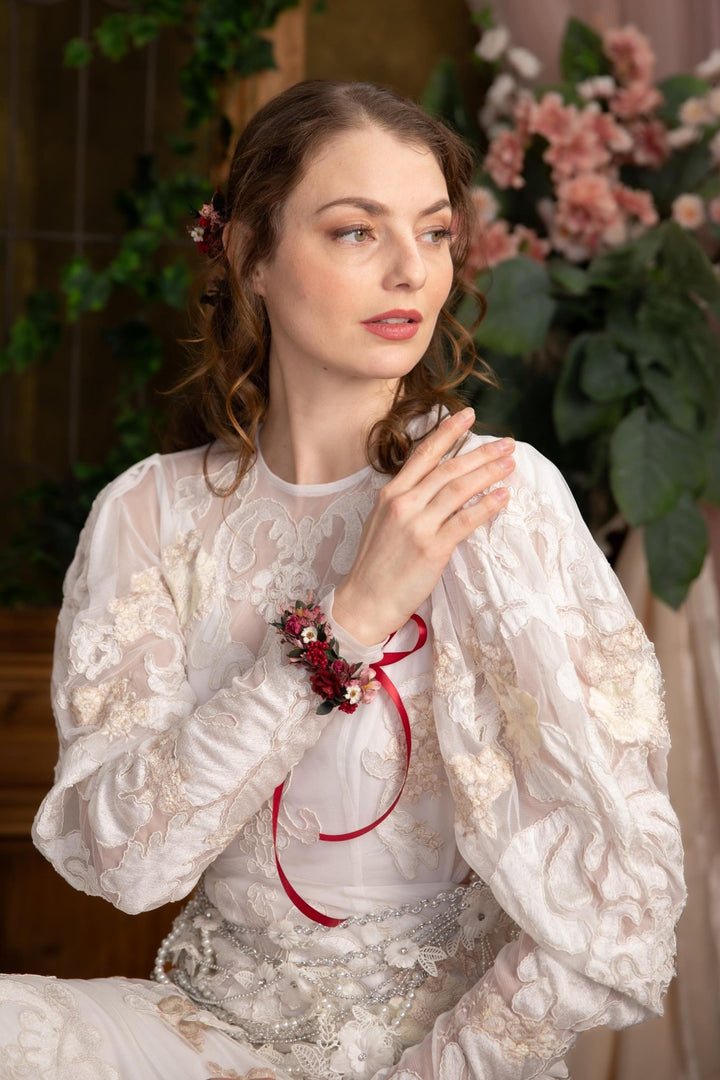 Burgundy Floral Wrist Corsage, Bridal Flower Bracelet – handmade floral hair accessory by magaela