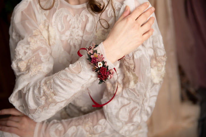 Burgundy Floral Wrist Corsage, Bridal Flower Bracelet – handmade floral hair accessory by magaela