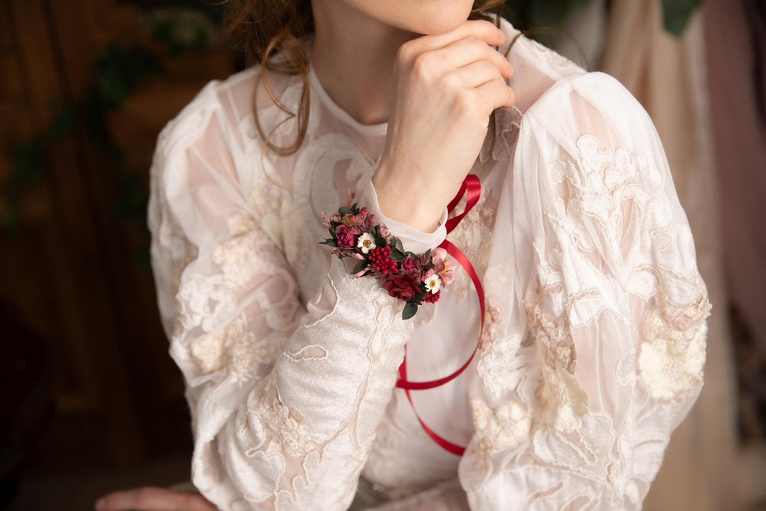 Burgundy Floral Wrist Corsage, Bridal Flower Bracelet – handmade floral hair accessory by magaela
