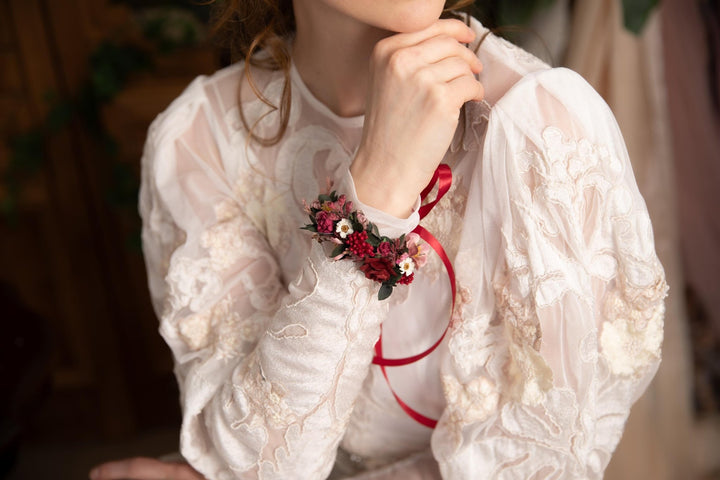 Burgundy Floral Wrist Corsage, Bridal Flower Bracelet – handmade floral hair accessory by magaela