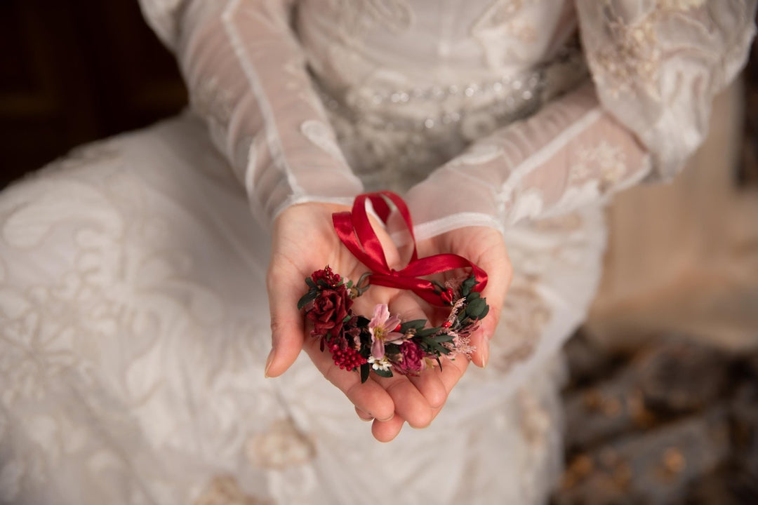 Burgundy Floral Wrist Corsage, Bridal Flower Bracelet – handmade floral hair accessory by magaela