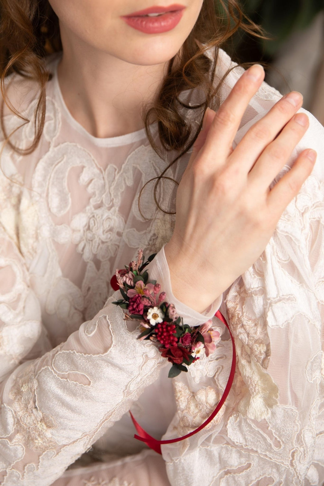 Burgundy Floral Wrist Corsage, Bridal Flower Bracelet – handmade floral hair accessory by magaela
