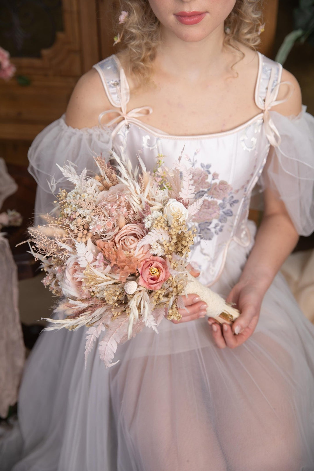 Blush Bridal Bouquet: Rustic Preserved Flower Wedding Bouquet – handmade floral hair accessory by magaela