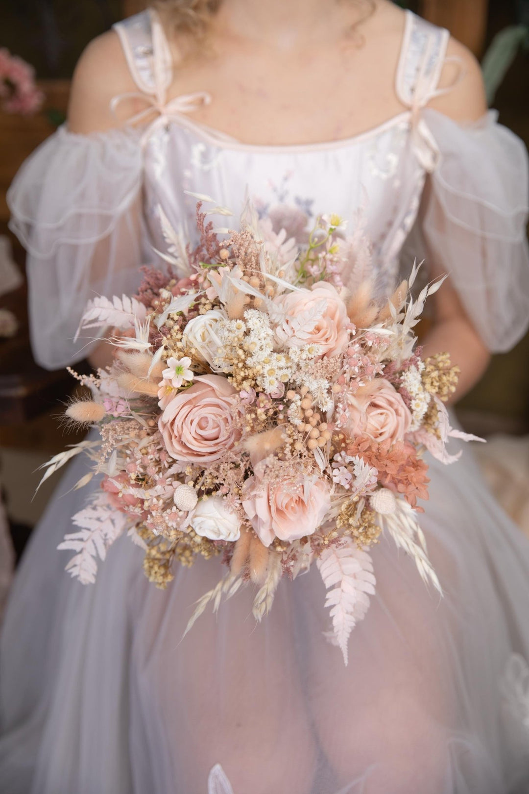 Blush Bridal Bouquet: Rustic Preserved Flower Wedding Bouquet – handmade floral hair accessory by magaela