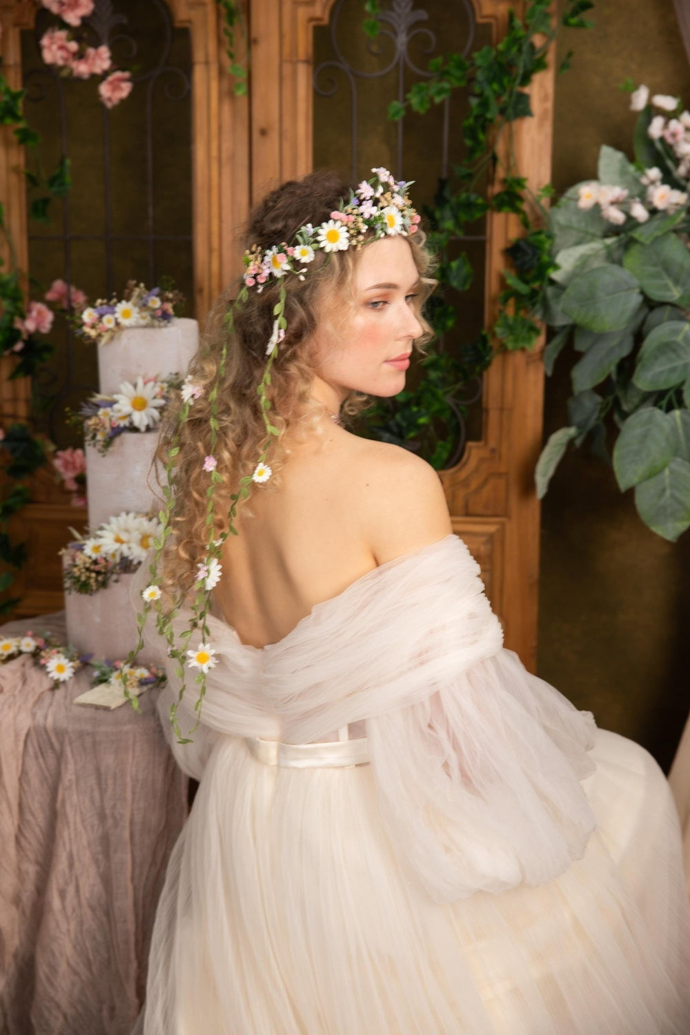 Pearlescent Flower Hair Wreath with Veil: Bridal Fairy Crown – handmade floral hair accessory by magaela