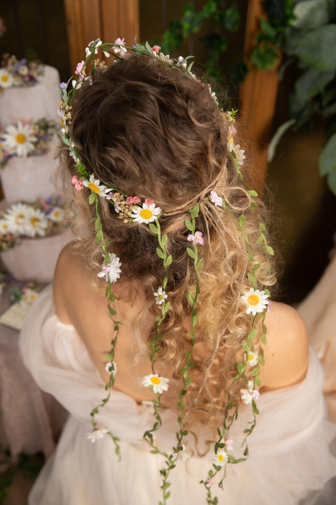 Pearlescent Flower Hair Wreath with Veil: Bridal Fairy Crown – handmade floral hair accessory by magaela