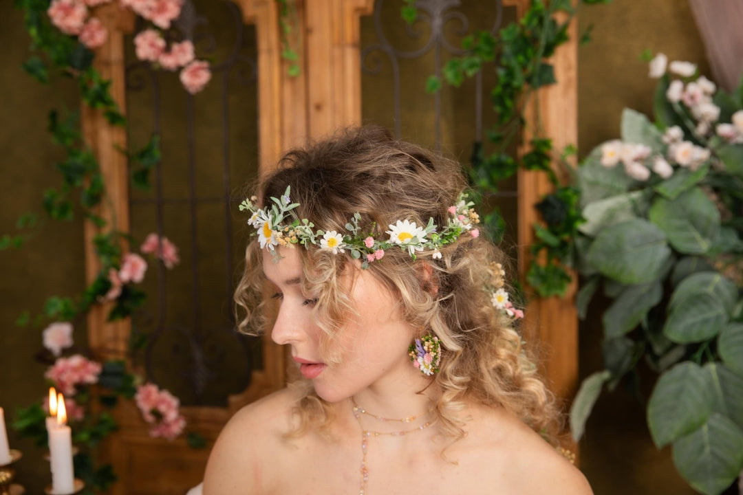 Meadow Flower Circle Earrings: Bridal Wedding Jewelry – handmade floral hair accessory by magaela