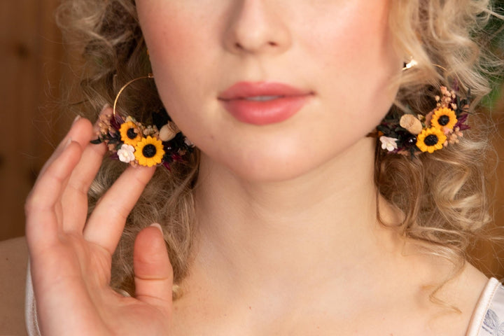 Sunflower Circle Earrings: Preserved Flower Wedding Jewelry – handmade floral hair accessory by magaela