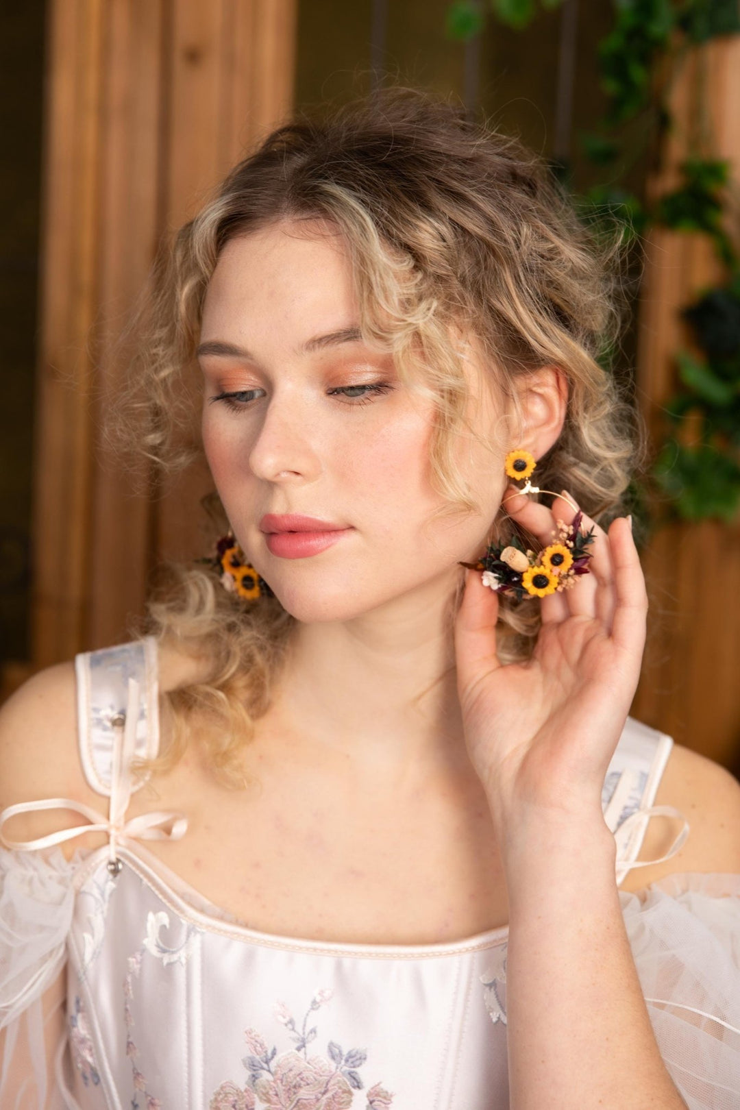 Sunflower Circle Earrings: Preserved Flower Wedding Jewelry – handmade floral hair accessory by magaela