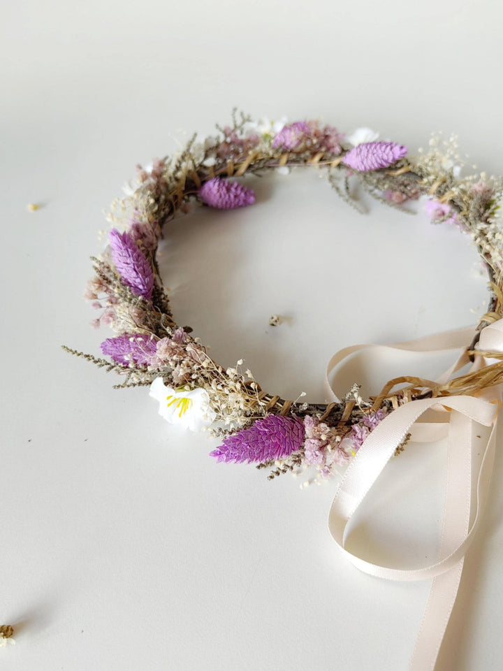 Rustic Purple Flower Wedding Crown: Boho Bridal Headpiece – handmade floral hair accessory by magaela