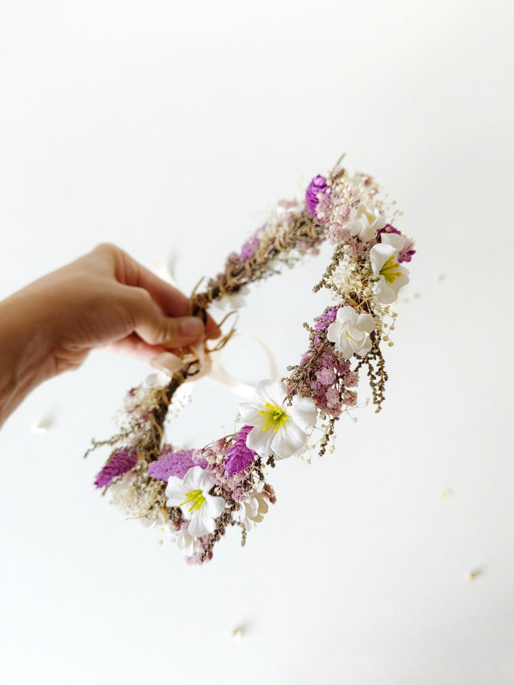 Rustic Purple Flower Wedding Crown: Boho Bridal Headpiece – handmade floral hair accessory by magaela