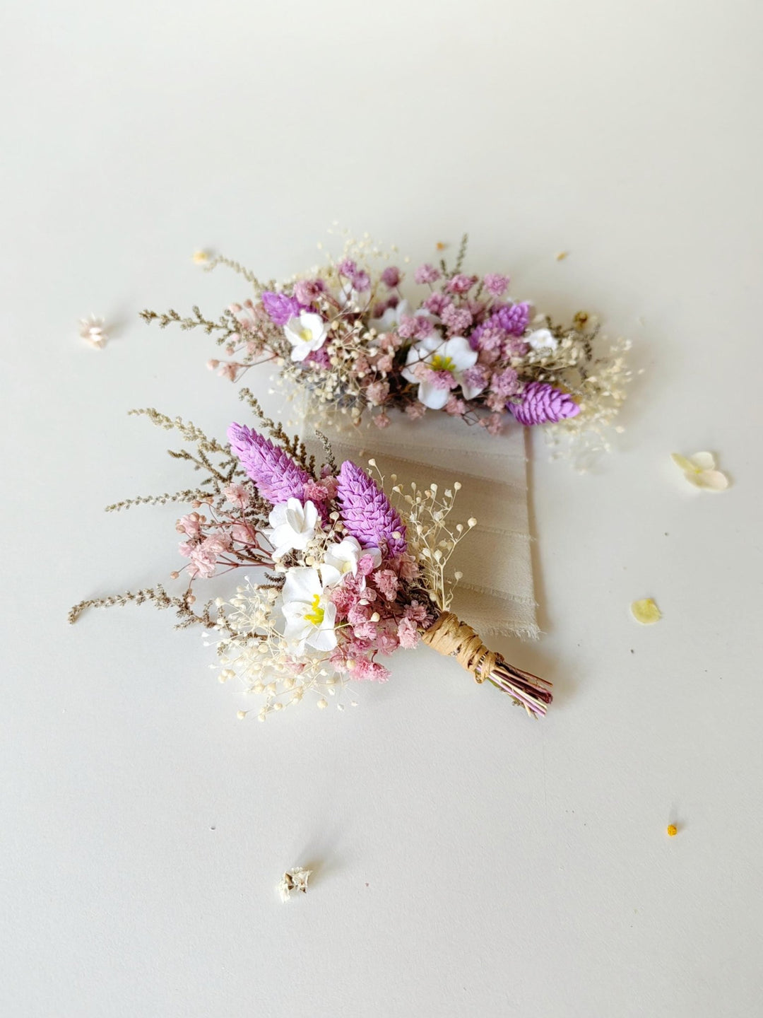 Purple Boho Boutonniere: Groom Suit Accessory – handmade floral hair accessory by magaela
