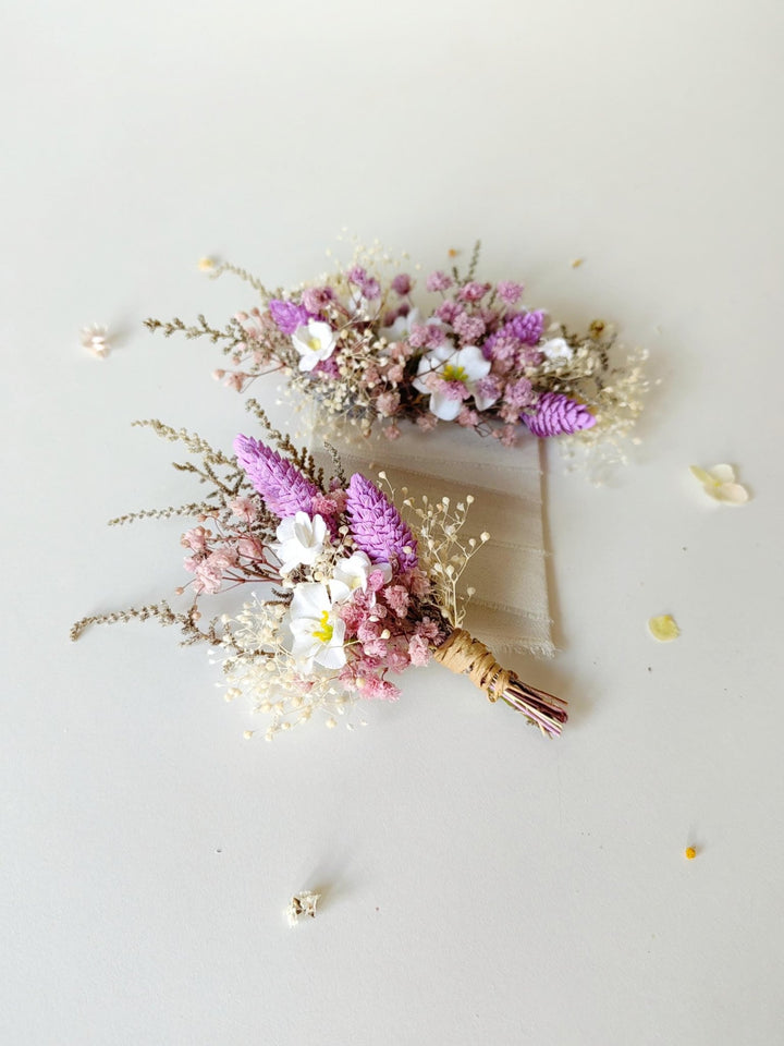 Purple Boho Boutonniere: Groom Suit Accessory – handmade floral hair accessory by magaela