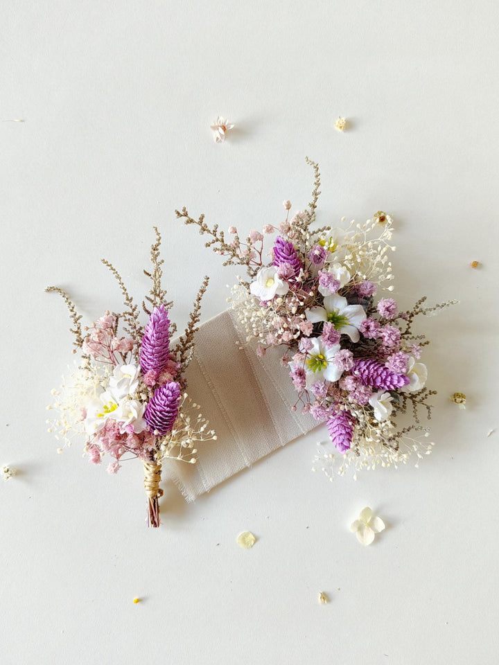 Purple Boho Boutonniere: Groom Suit Accessory – handmade floral hair accessory by magaela