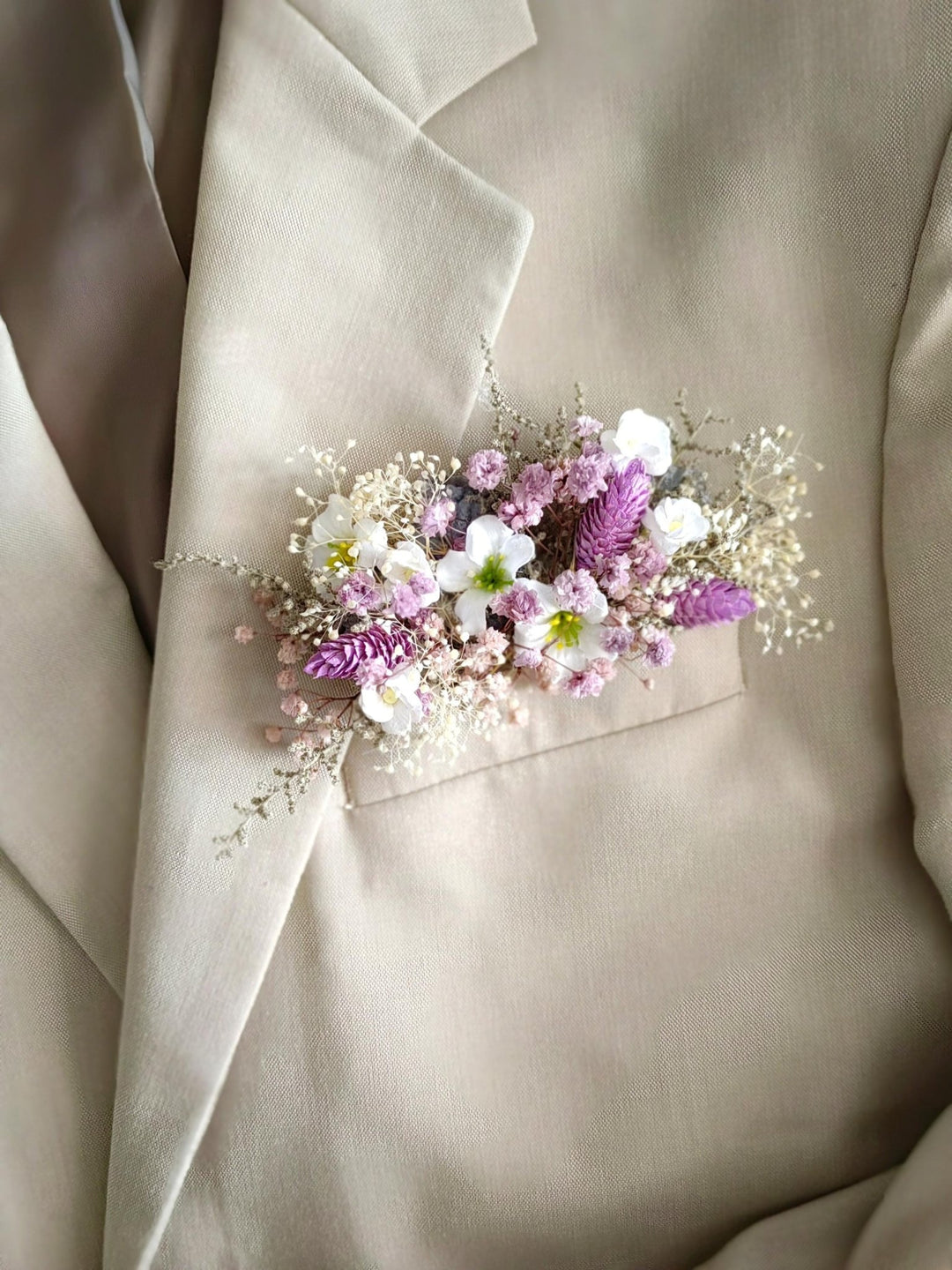 Purple Boho Boutonniere: Groom Suit Accessory – handmade floral hair accessory by magaela