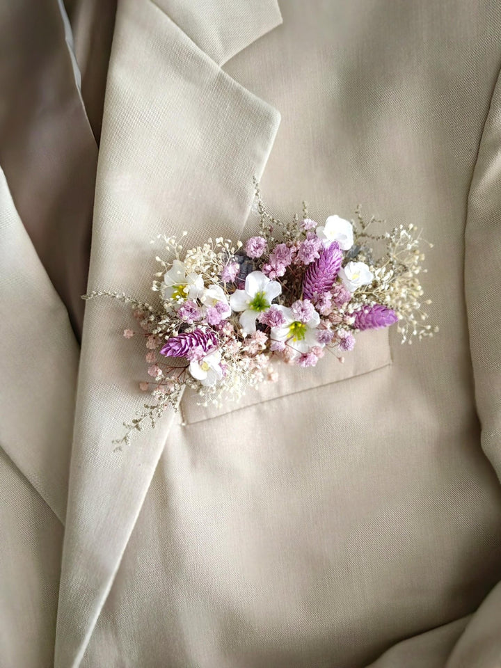 Purple Boho Boutonniere: Groom Suit Accessory – handmade floral hair accessory by magaela