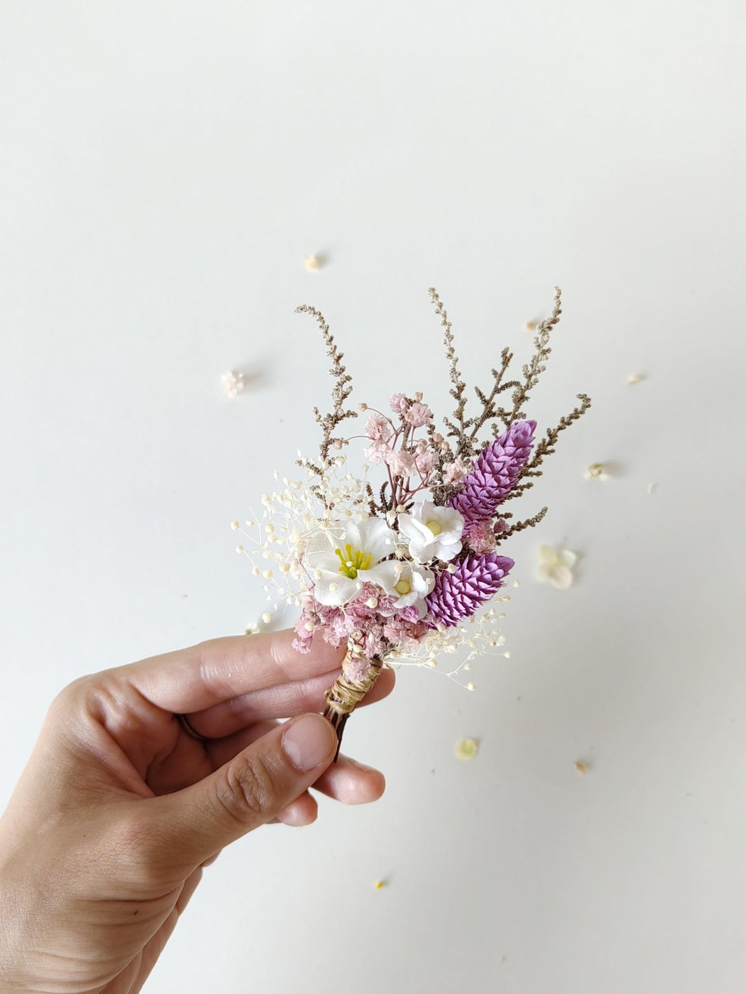 Purple Boho Boutonniere: Groom Suit Accessory – handmade floral hair accessory by magaela