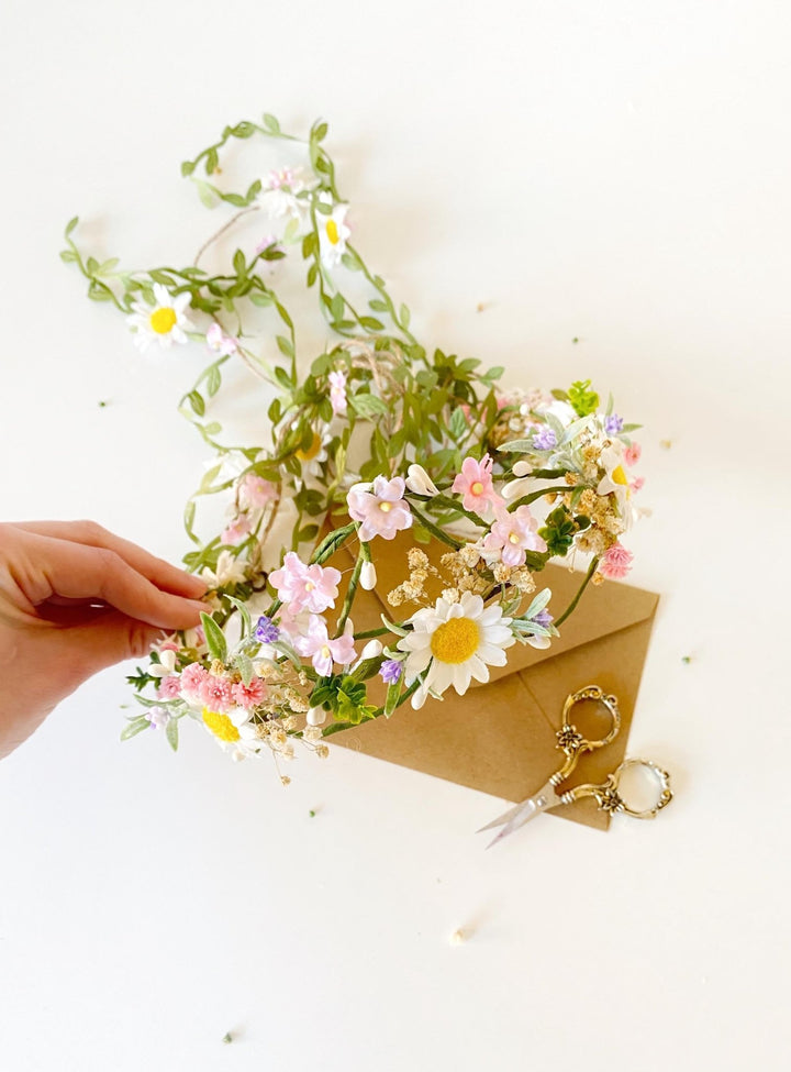 Pearlescent Flower Hair Wreath with Veil: Bridal Fairy Crown – handmade floral hair accessory by magaela