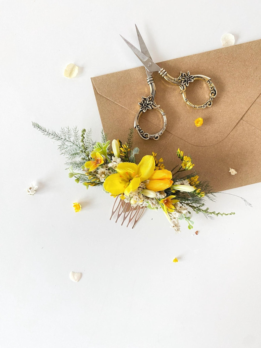 Yellow Flower Hair Comb: Forsythia Tulip Bridal Headpiece – handmade floral hair accessory by magaela