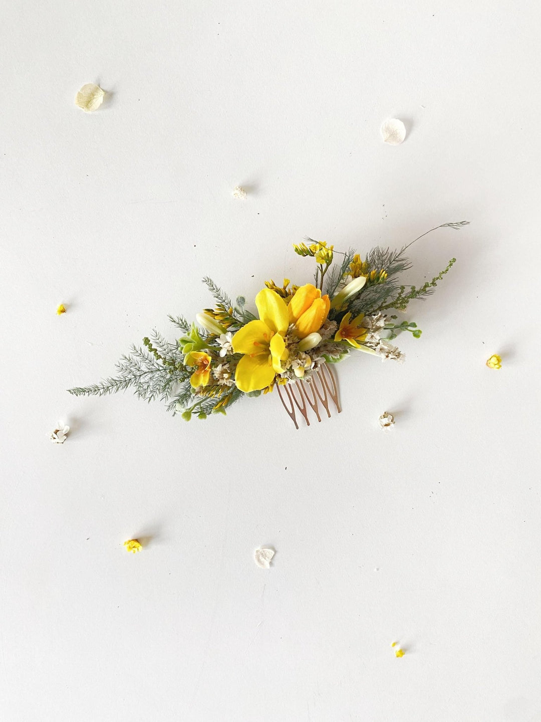 Yellow Flower Hair Comb: Forsythia Tulip Bridal Headpiece – handmade floral hair accessory by magaela